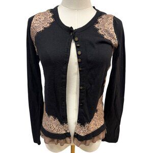 Anthropologie Knitted & Knotted Black Cardigan Blush Lace Trim - Small - EUC
